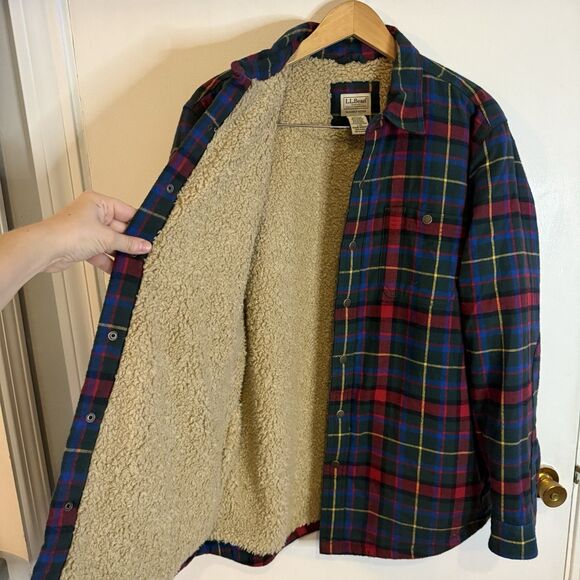 LLBean Men’s L Plaid Sherpa Lined Shirt Shacket Pockets Button Up Top - Picture 7 of 9